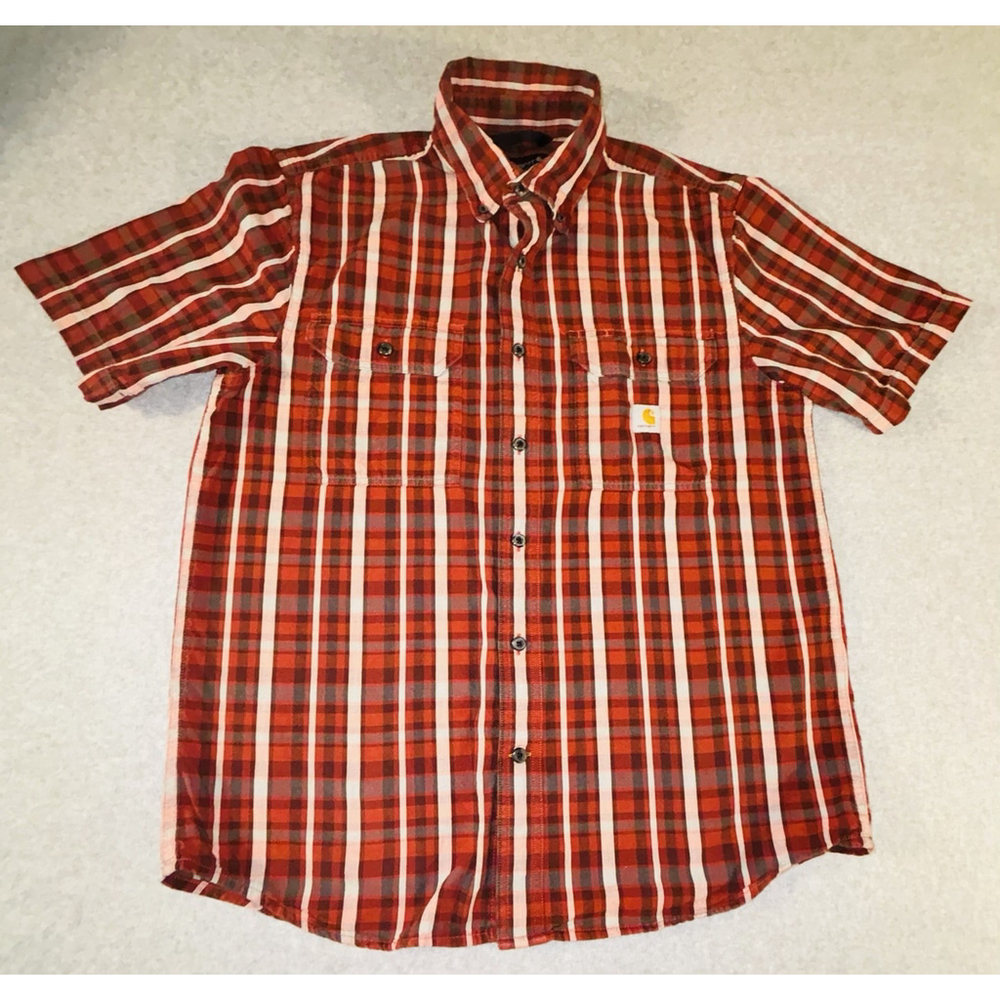 Carhartt Loose Fit Plaid Work Shirt Red Cotton Button Up Mens M Short Sleeve
